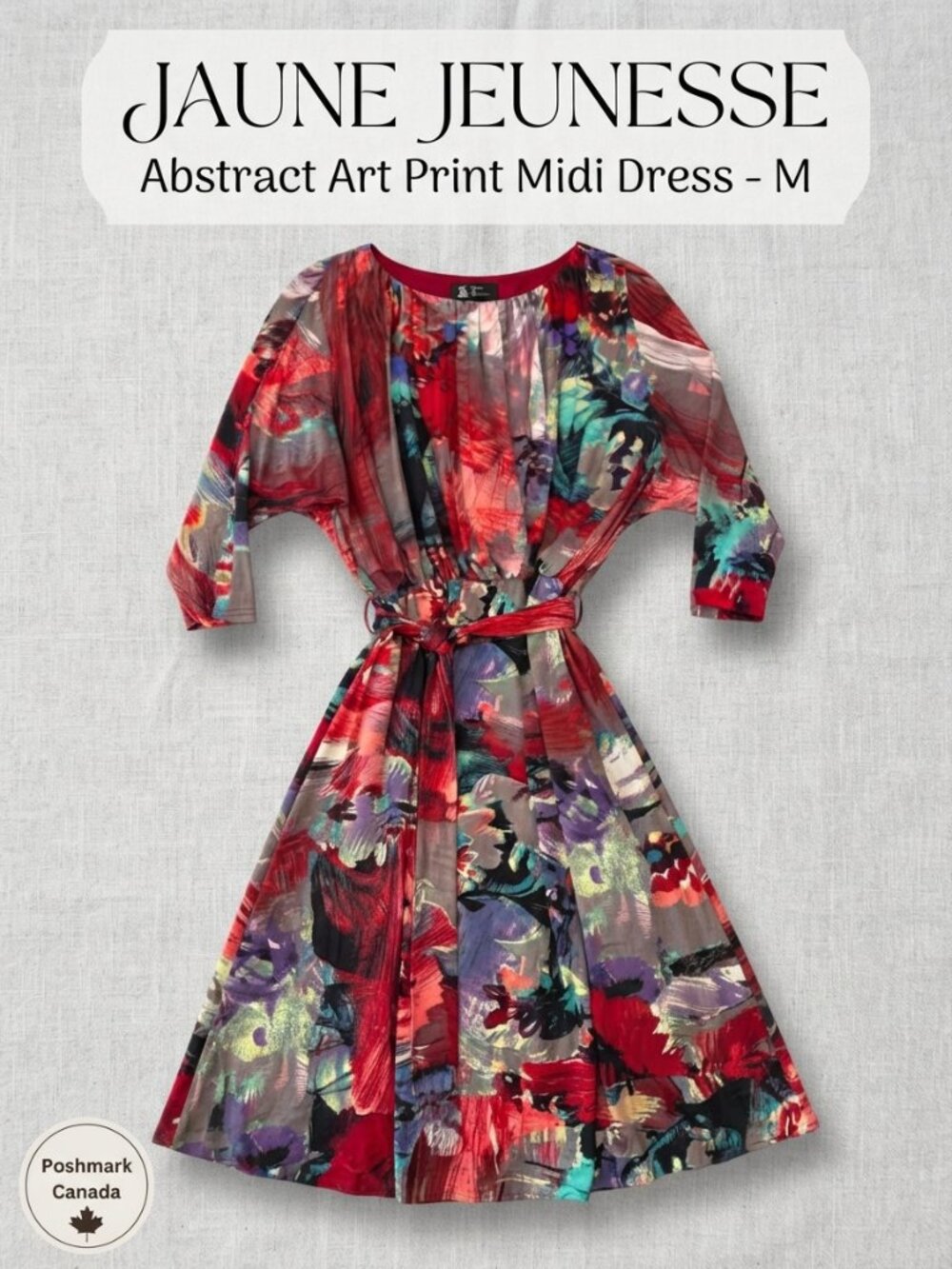 Jaune Jeunesse Abstract Floral Print Midi Dress Medium Tie Waist Art-to-Wear